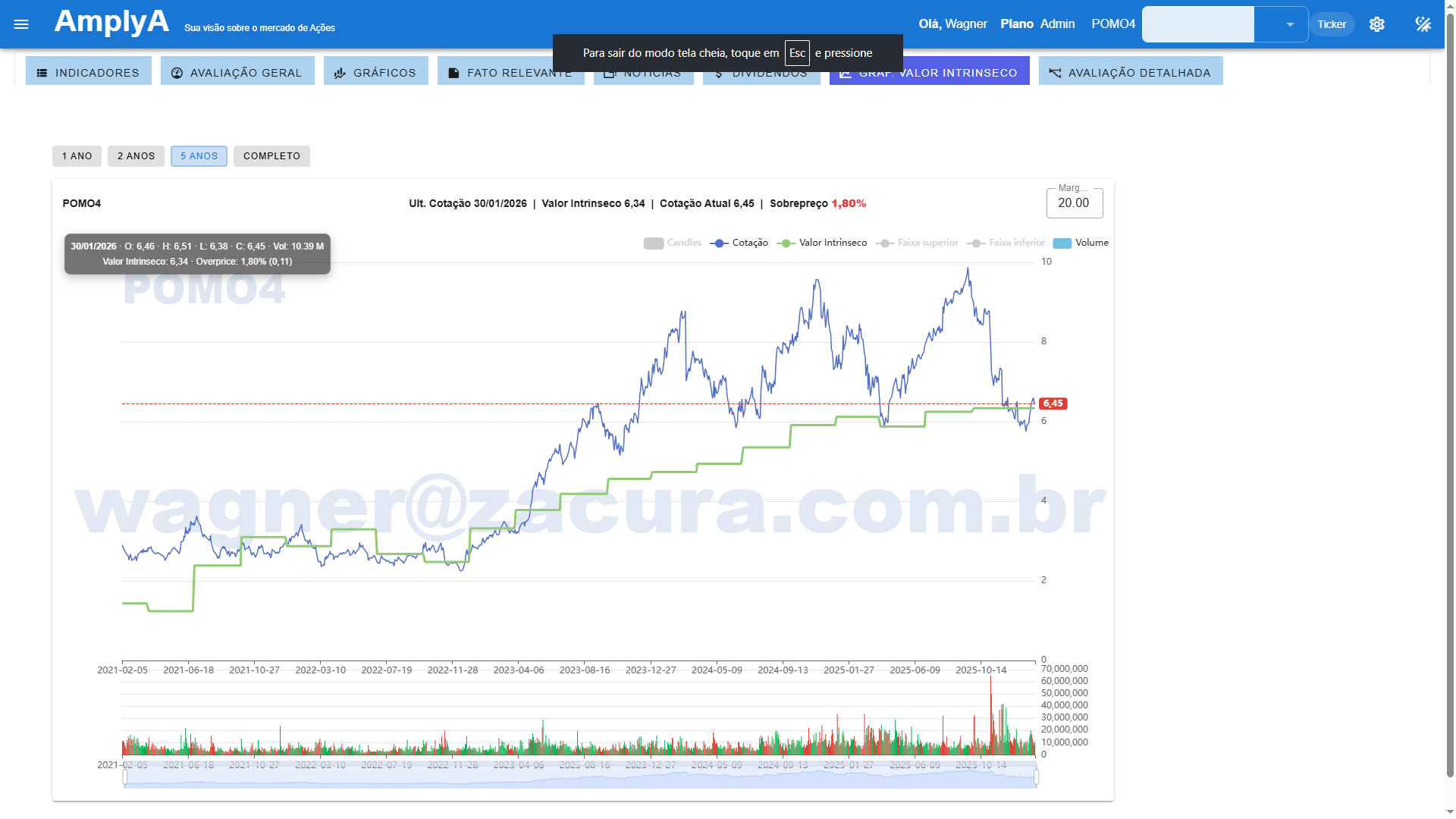 Gráfico comparando cotação e valor intrínseco