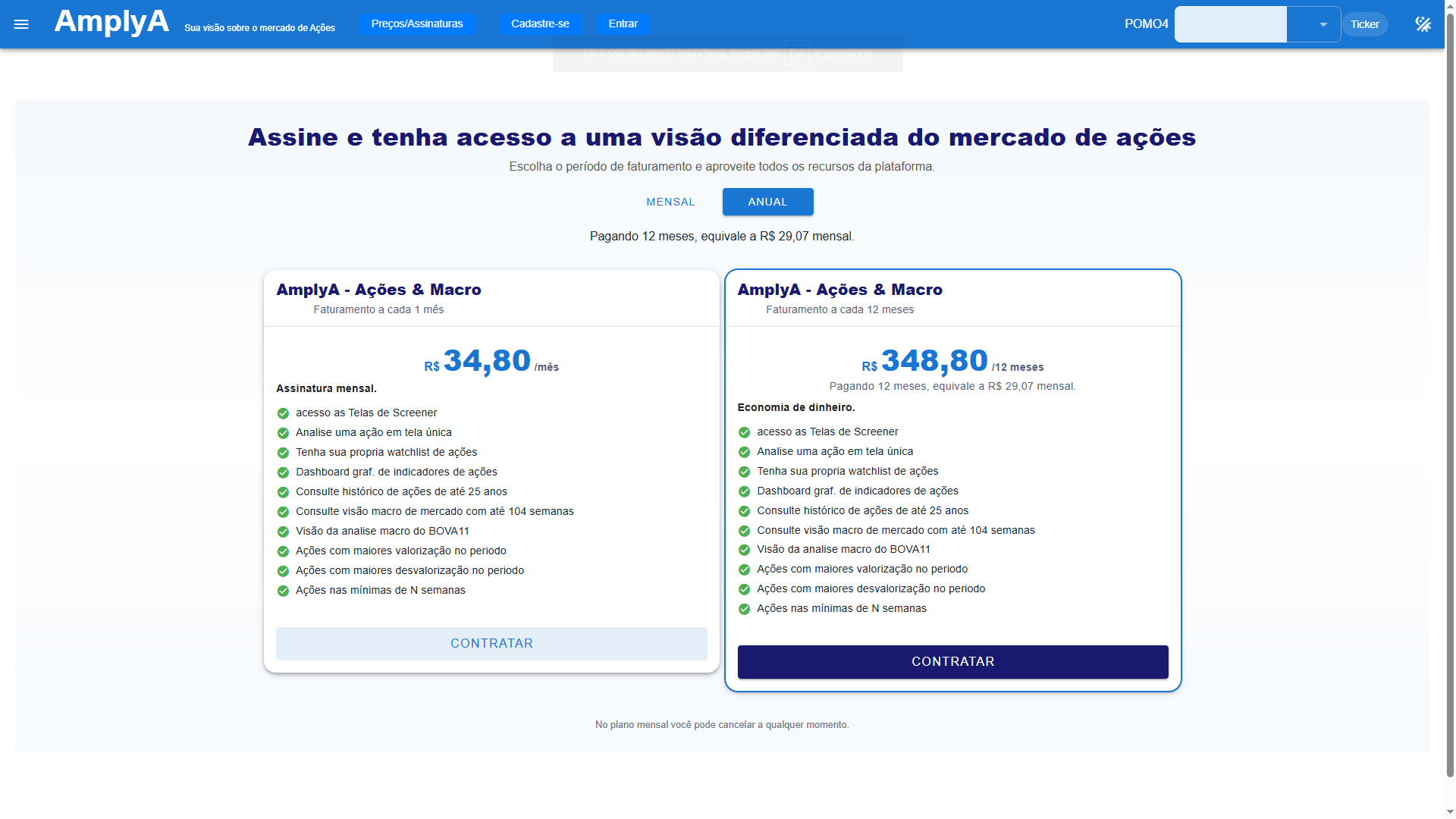 Exemplo da tela de planos no AmplyA